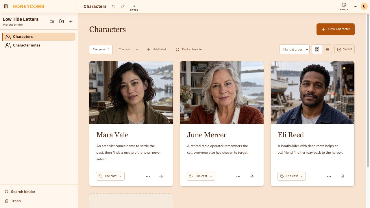 The Honeycomb character template showing AI-generated portraits of the fictional characters Mara Vale, June Mercer, and Eli Reed, with character summaries and labels.