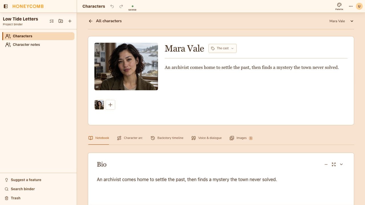 The actual Honeycomb character notebook for fictional archivist Mara Vale, with her generated portrait, short description, Bio section, and tabs for Character arc, Backstory timeline, Voice & dialogue, and Images.