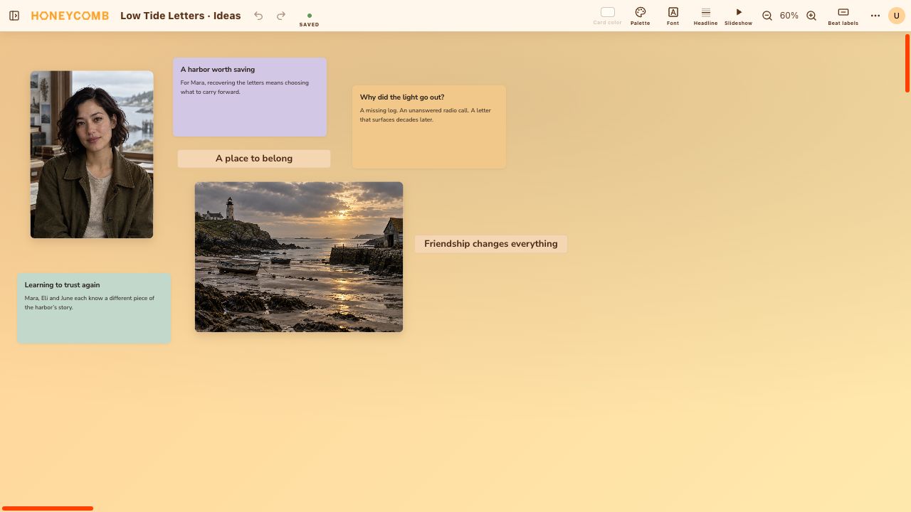 An open freeform board combining Mara’s fictional portrait, a generated harbor reference, three colored story cards, and freely positioned beat labels.