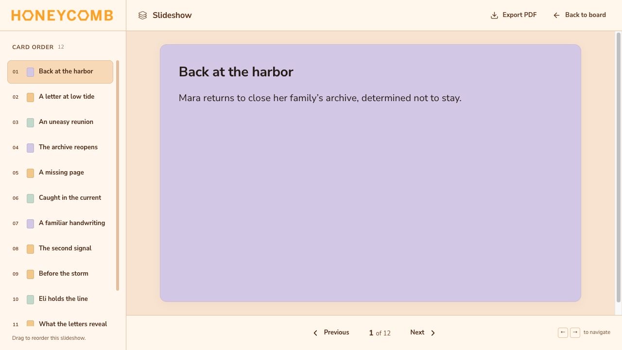 Honeycomb’s Slideshow showing Back at the harbor from the sample story Low Tide Letters, with a rearrangeable scene list, Previous and Next controls, and the Export PDF button in the header.