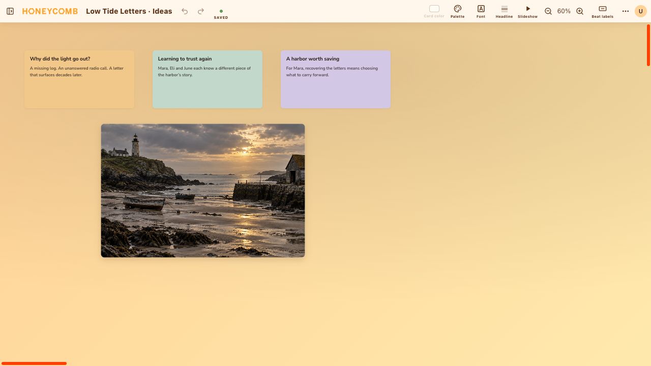A real Honeycomb freeform board with honey, sage, and lilac cards for the lighthouse mystery, friendship, and belonging, above a generated reference image of a fictional coastal harbor.