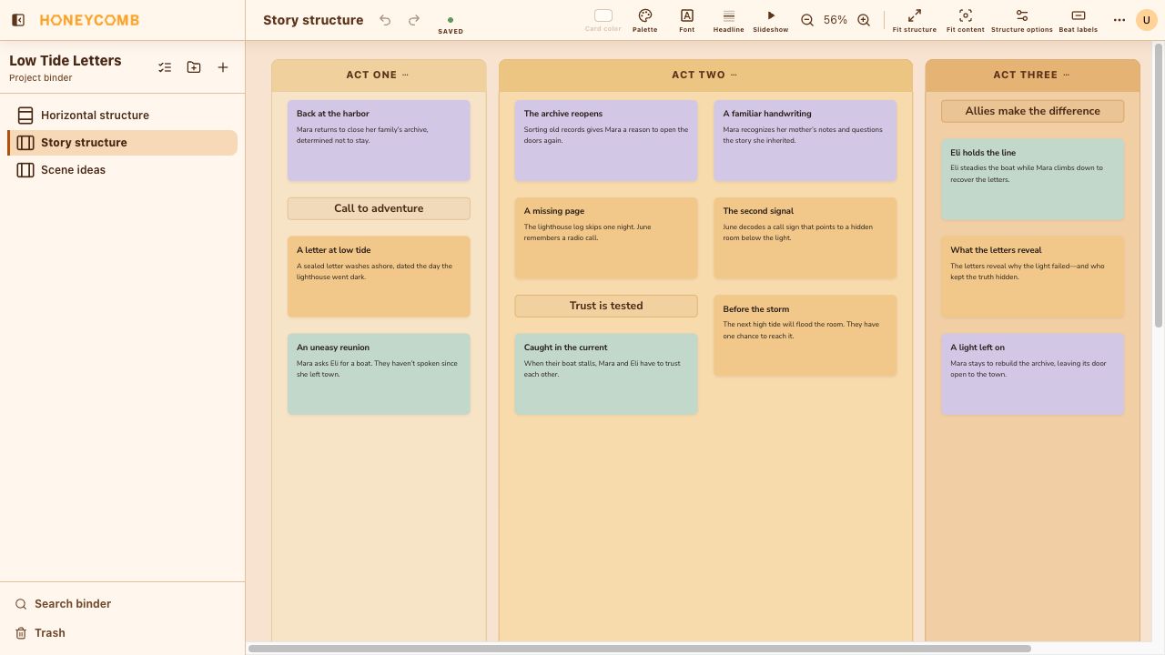 Honeycomb’s three-act editor and project binder, showing twelve scenes from the original story Low Tide Letters. Honey cards follow the lighthouse mystery, sage cards follow friendship, and lilac cards follow Mara finding a home.