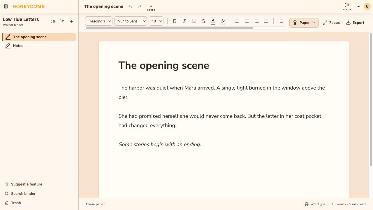 The actual Honeycomb Writing Pad using Clean paper, showing the same opening scene from the original sample story Low Tide Letters.