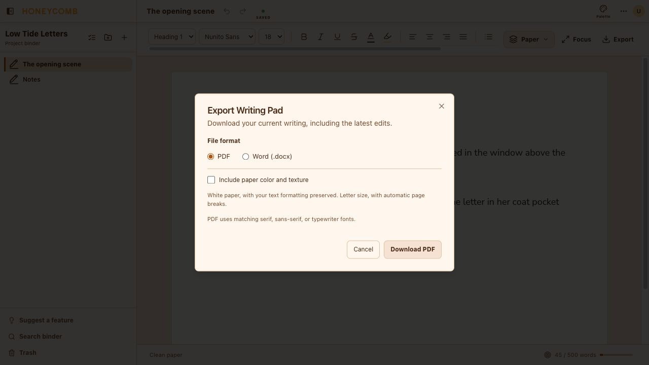 The real Writing Pad export dialog with PDF and Word (.docx) choices, an option to include paper color and texture, and a Download PDF button.